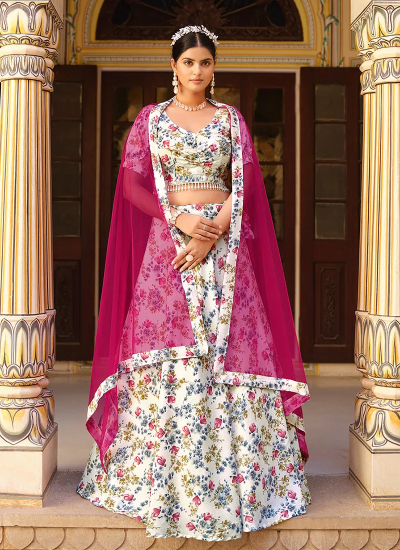 White And Rani Pink Floral Printed Silk Lehenga Choli
