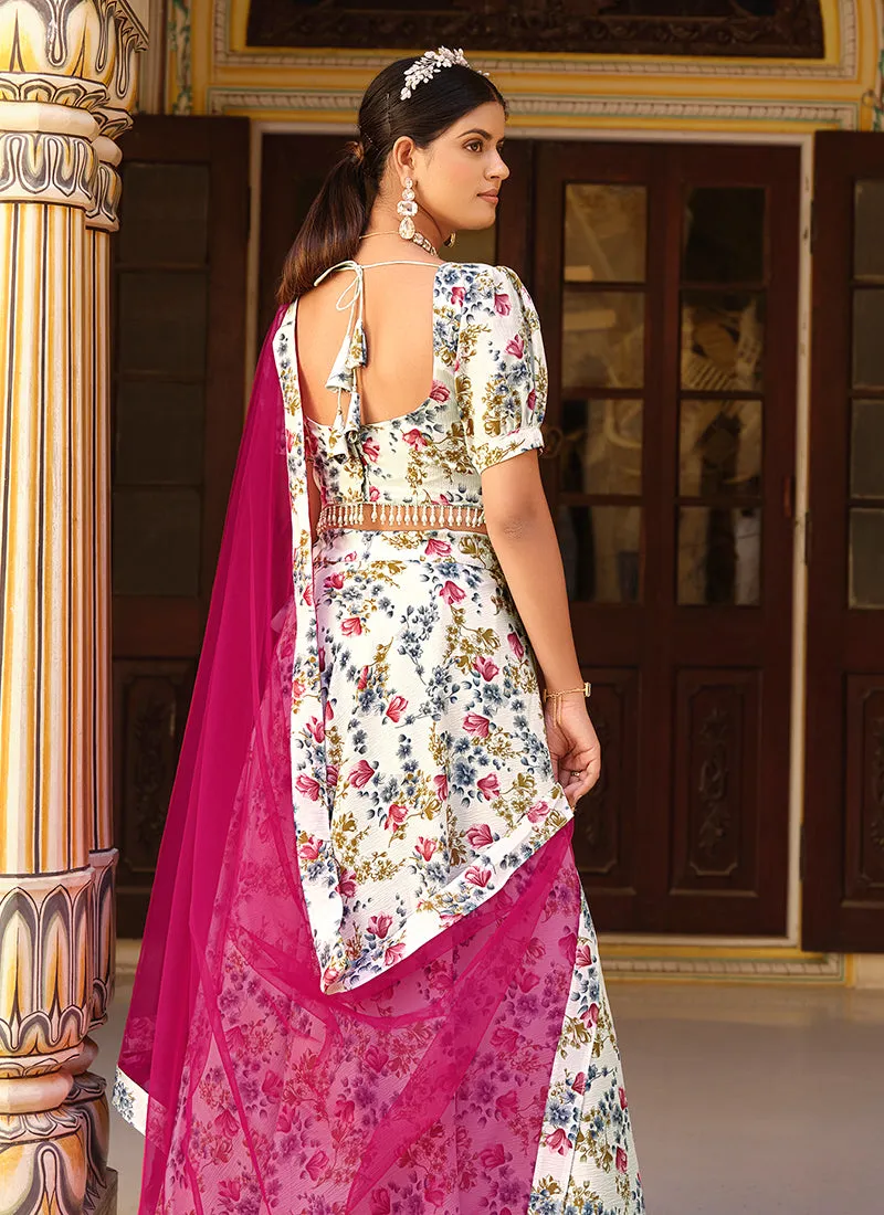 White And Rani Pink Floral Printed Silk Lehenga Choli