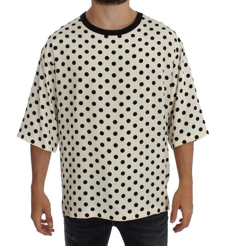 White Black Polka Silk Crewneck T-shirt