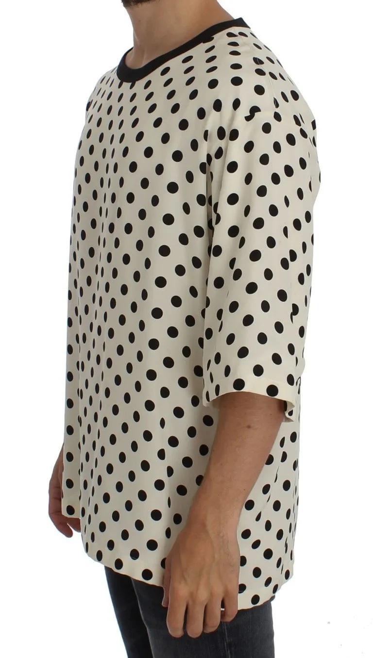 White Black Polka Silk Crewneck T-shirt