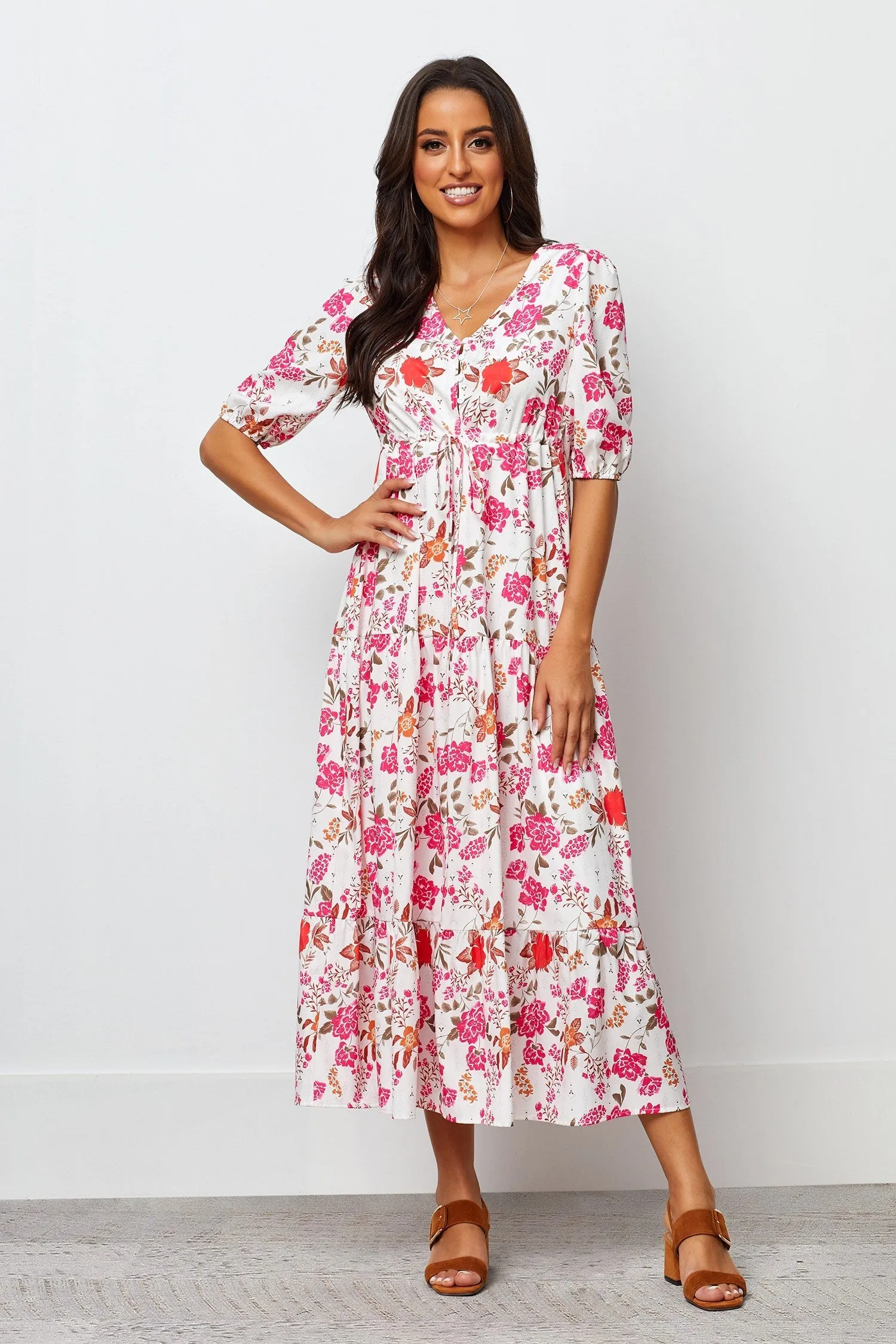 White Poly Rayon Floral Print Puff Sleeve Dress - Stylish & Elegant Women's Fashion