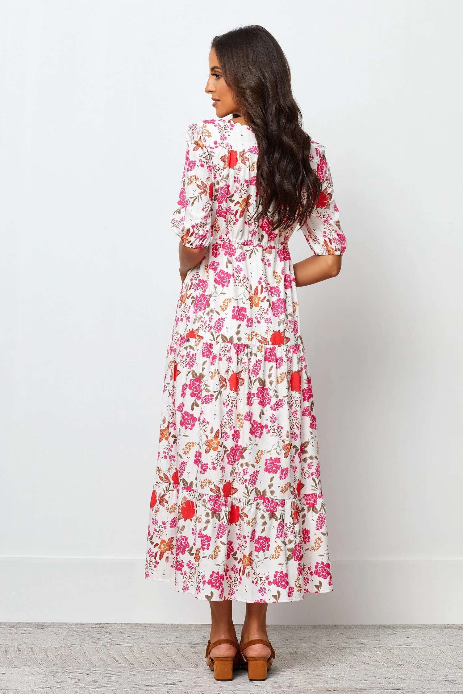 White Poly Rayon Floral Print Puff Sleeve Dress - Stylish & Elegant Women's Fashion