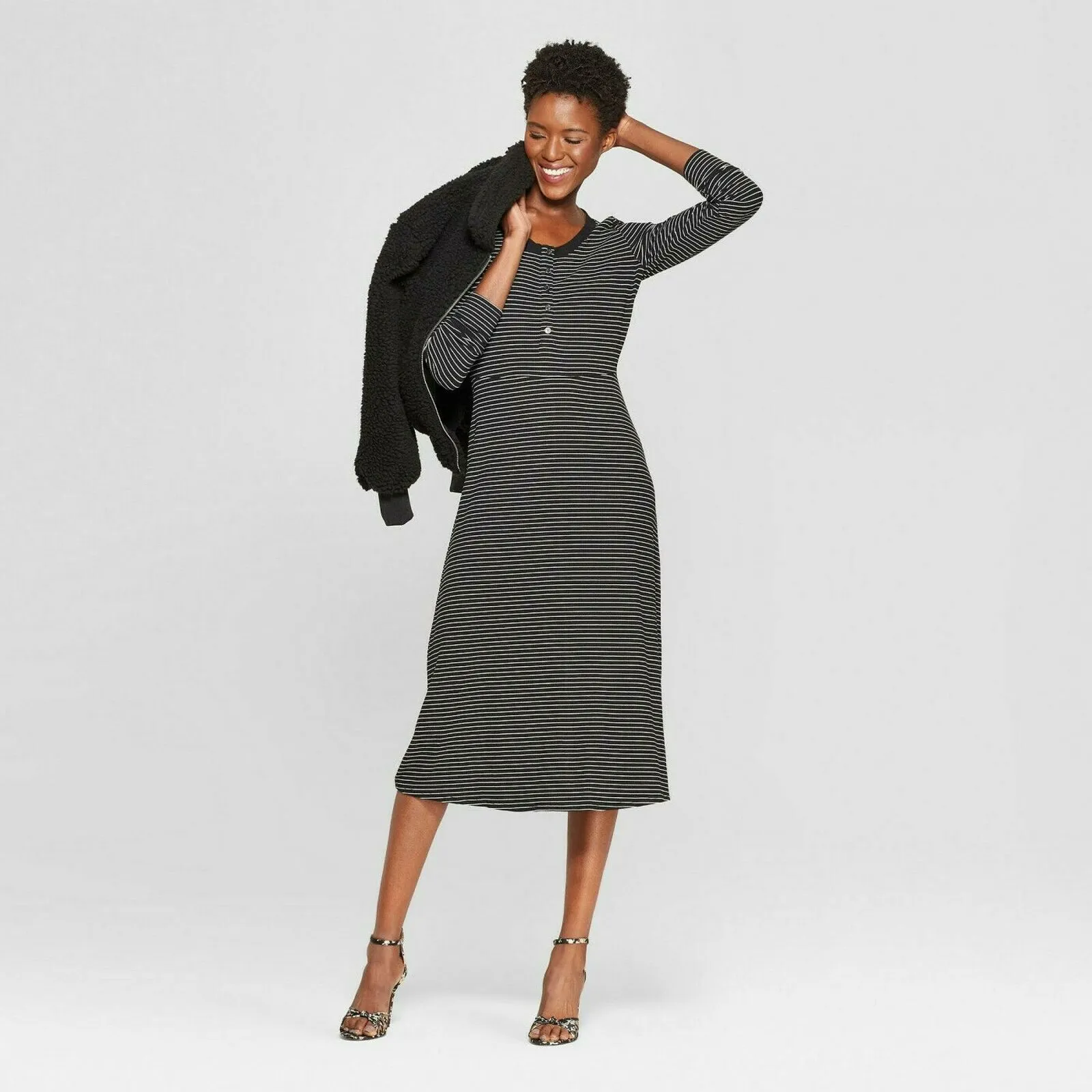 Who What Wear Women's Long Sleeve Striped Rib Midi Dress