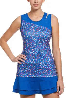 Women's Confetti Geo Printed Asymmetrical Tennis Tank with Mesh Blocking