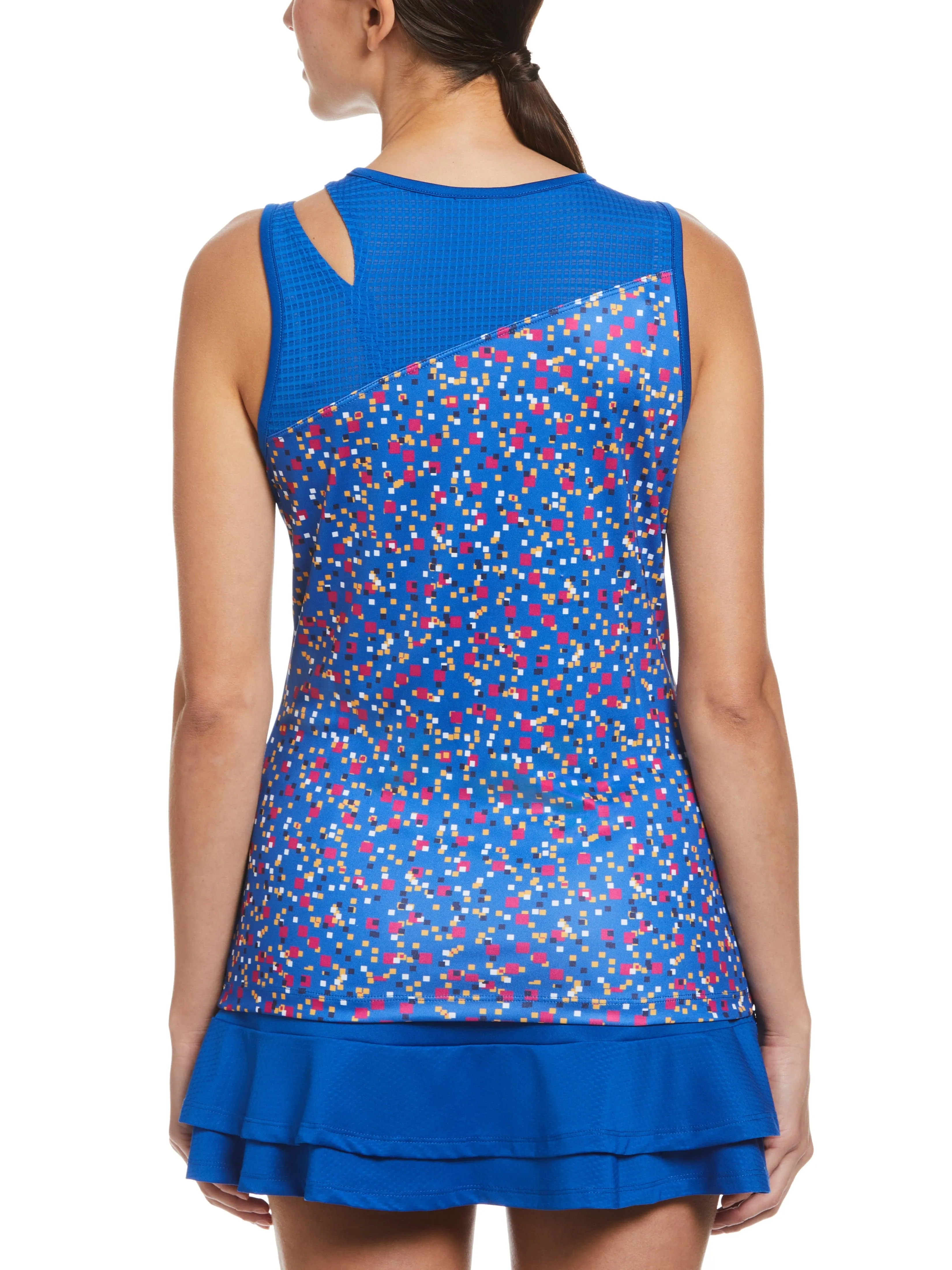 Women's Confetti Geo Printed Asymmetrical Tennis Tank with Mesh Blocking