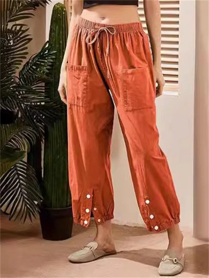 Women's Cotton Linen Buttoned Hem Pants with Pockets