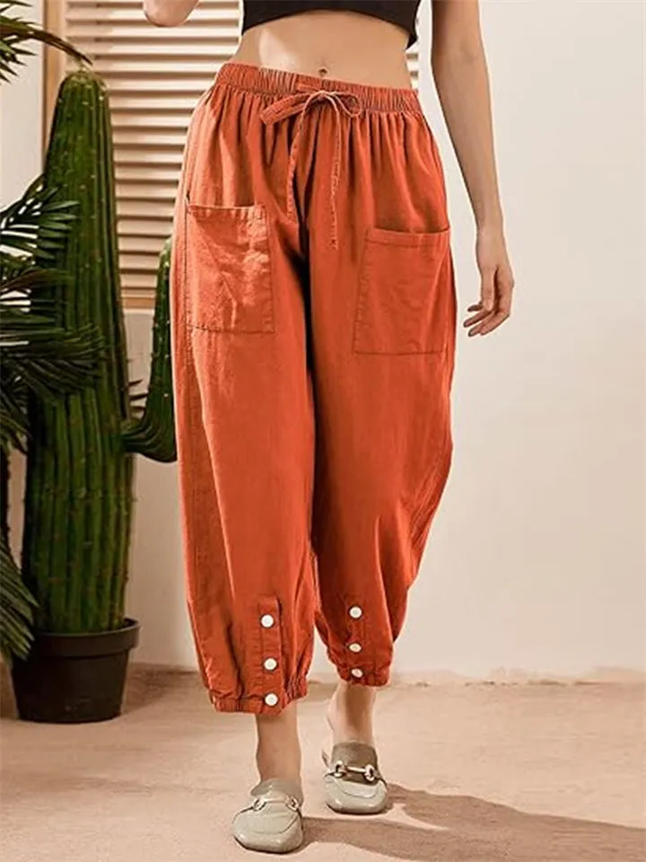Women's Cotton Linen Buttoned Hem Pants with Pockets