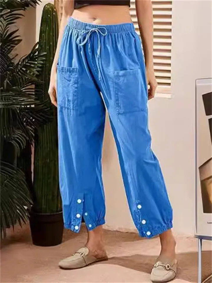 Women's Cotton Linen Buttoned Hem Pants with Pockets