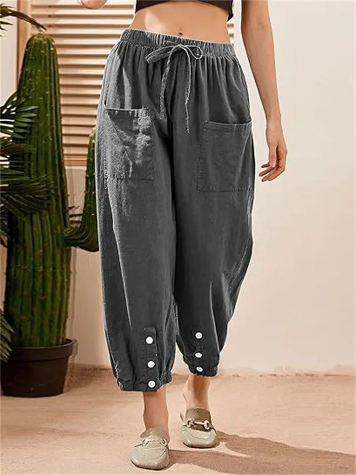 Women's Cotton Linen Buttoned Hem Pants with Pockets