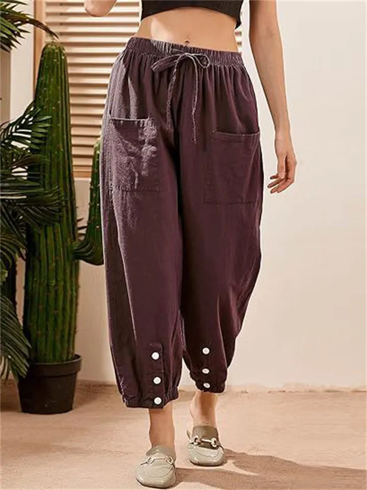 Women's Cotton Linen Buttoned Hem Pants with Pockets
