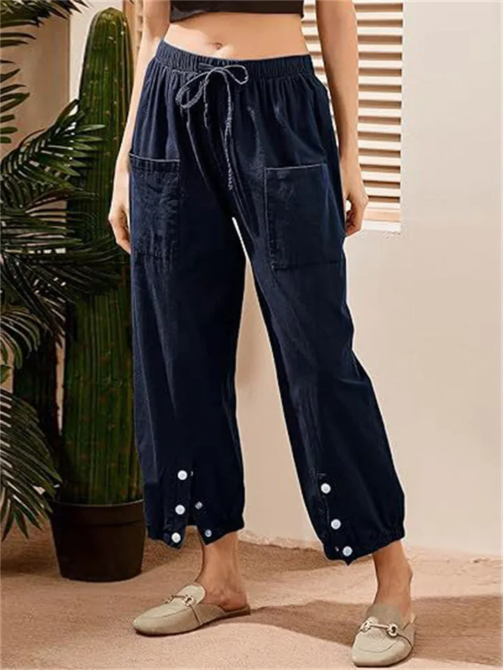 Women's Cotton Linen Buttoned Hem Pants with Pockets