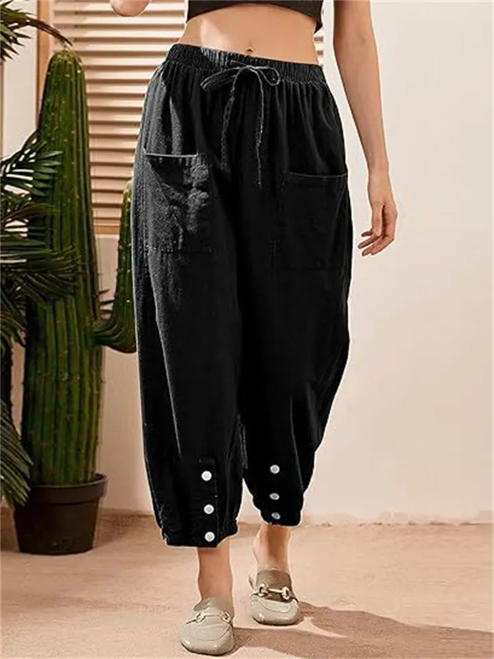 Women's Cotton Linen Buttoned Hem Pants with Pockets