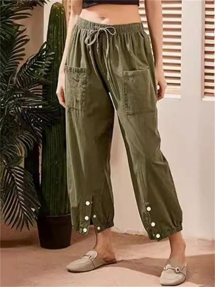 Women's Cotton Linen Buttoned Hem Pants with Pockets