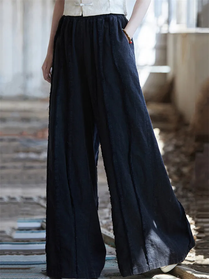Women's Patchwork Cotton Linen High-Rise Wide Leg Pants