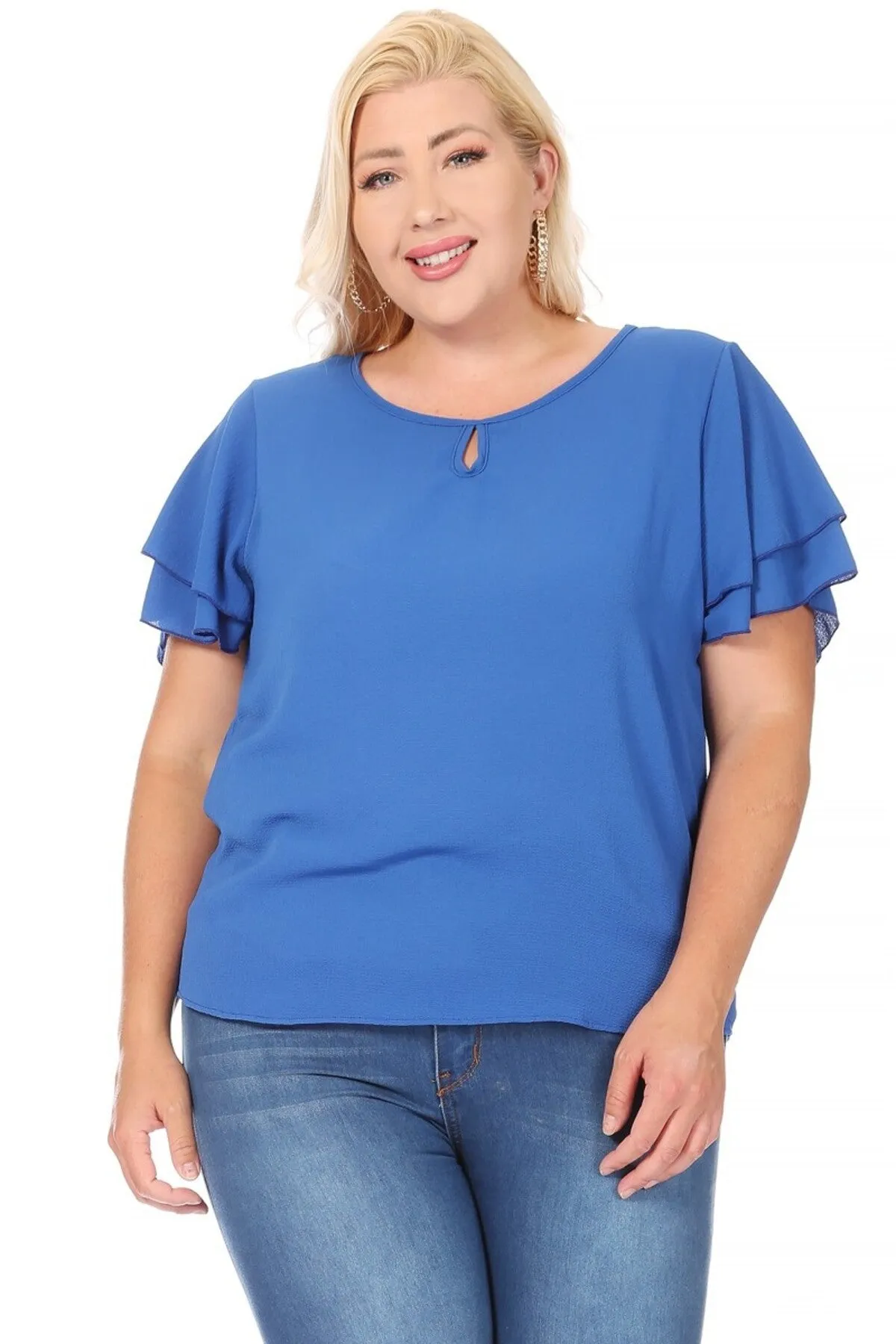 Women's Plus Size Casual Solid Flowy Short Sleeve Round Neck Key Hole Blouse