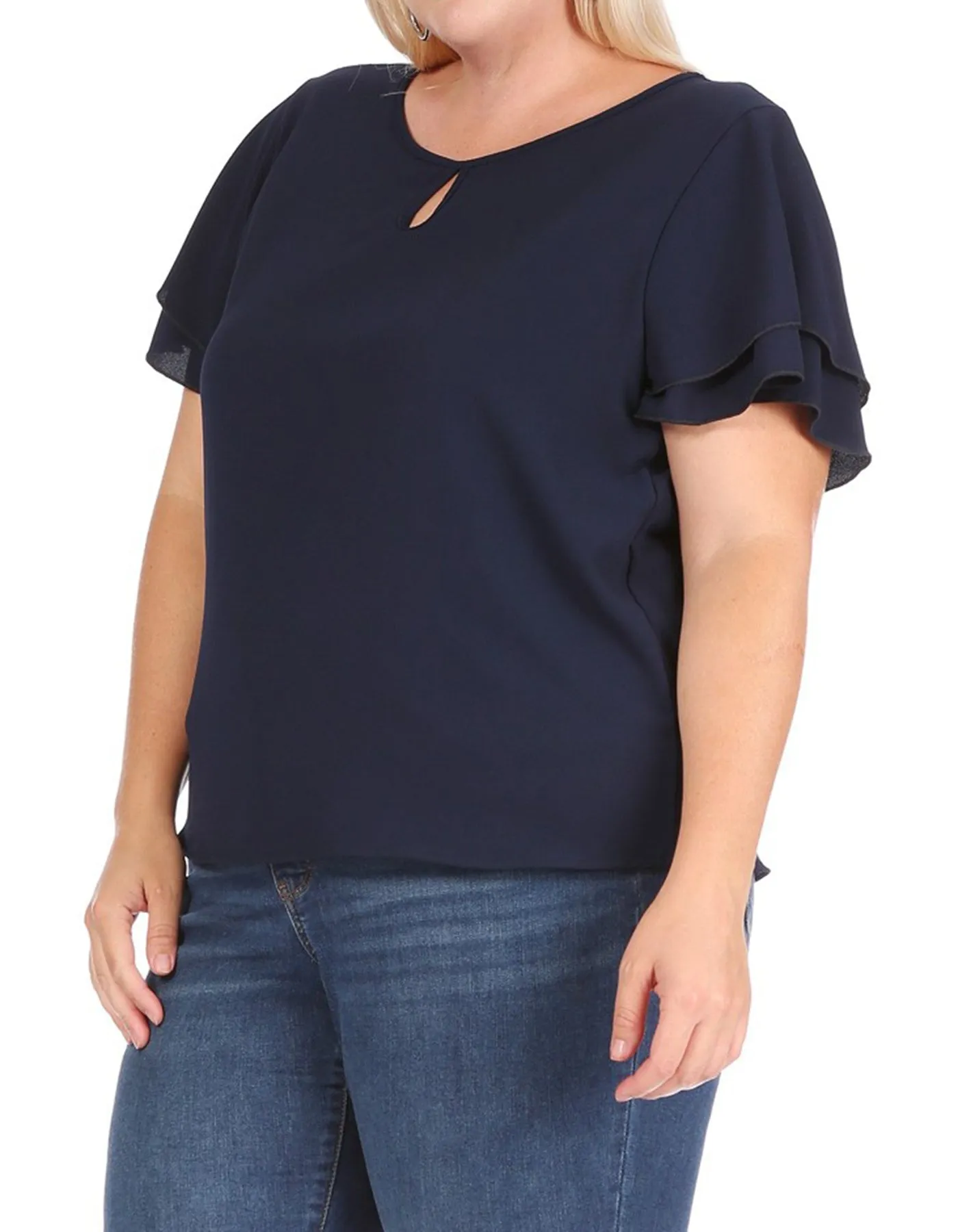 Women's Plus Size Casual Solid Flowy Short Sleeve Round Neck Key Hole Blouse