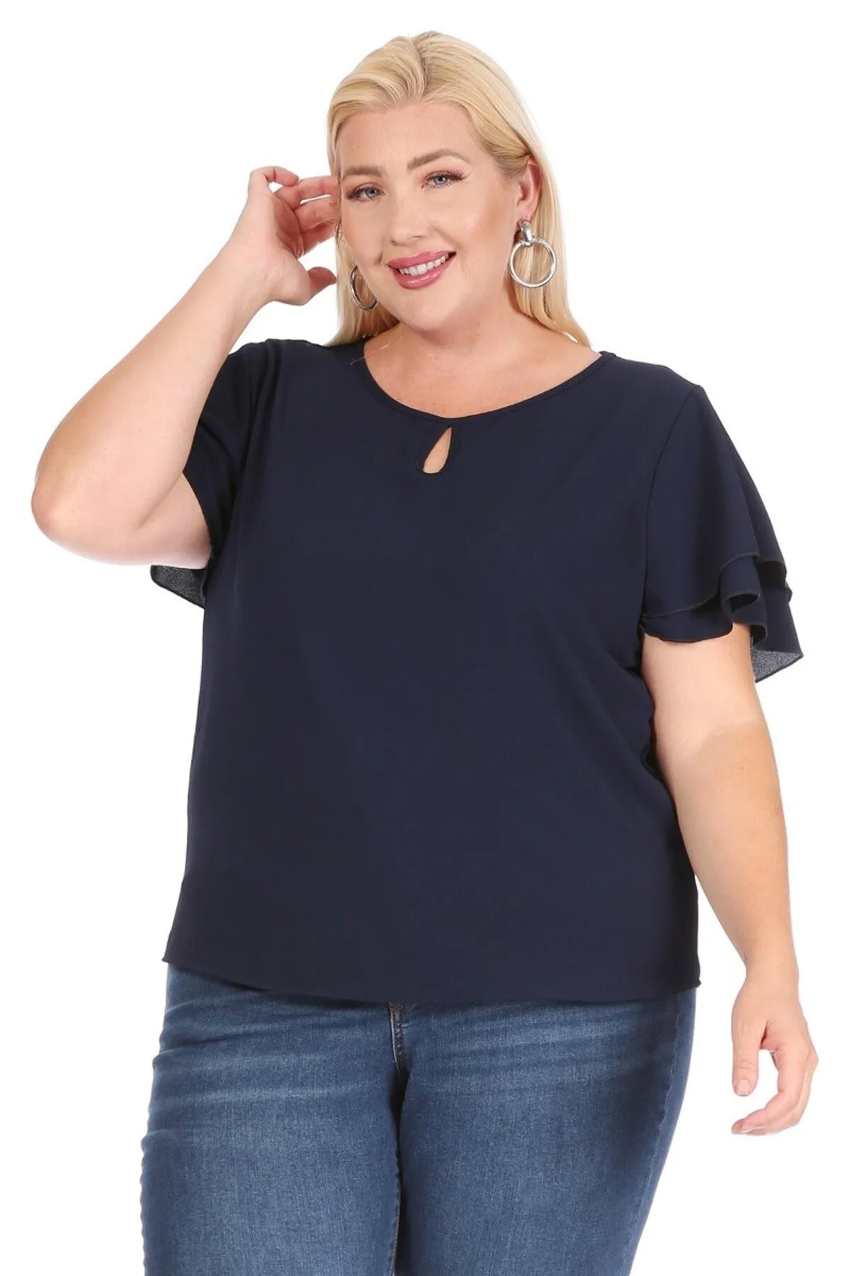 Women's Plus Size Casual Solid Flowy Short Sleeve Round Neck Key Hole Blouse