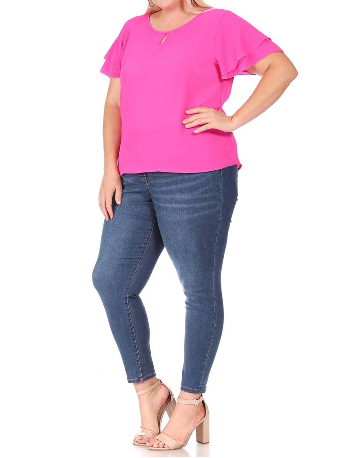 Women's Plus Size Casual Solid Flowy Short Sleeve Round Neck Key Hole Blouse