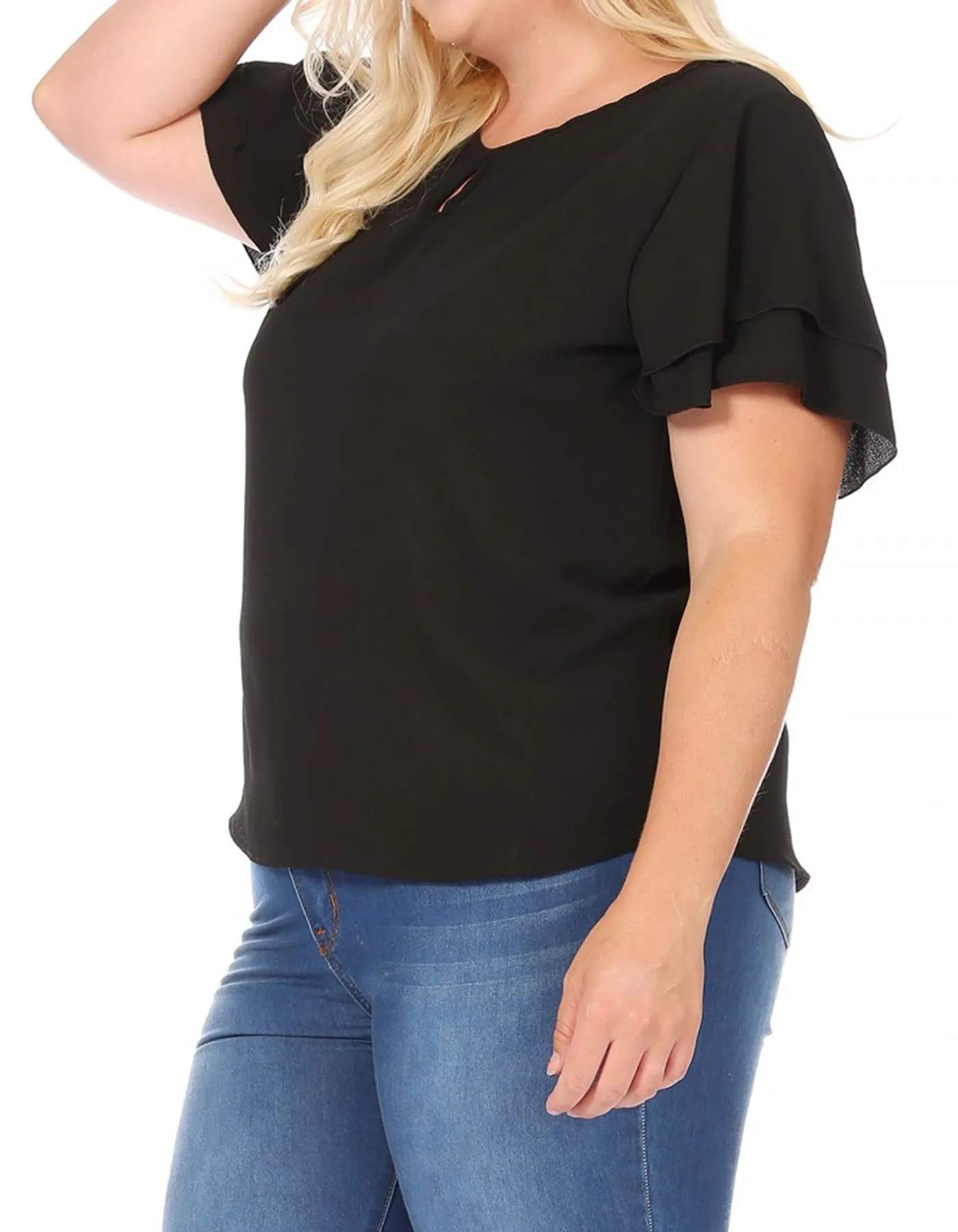 Women's Plus Size Casual Solid Flowy Short Sleeve Round Neck Key Hole Blouse