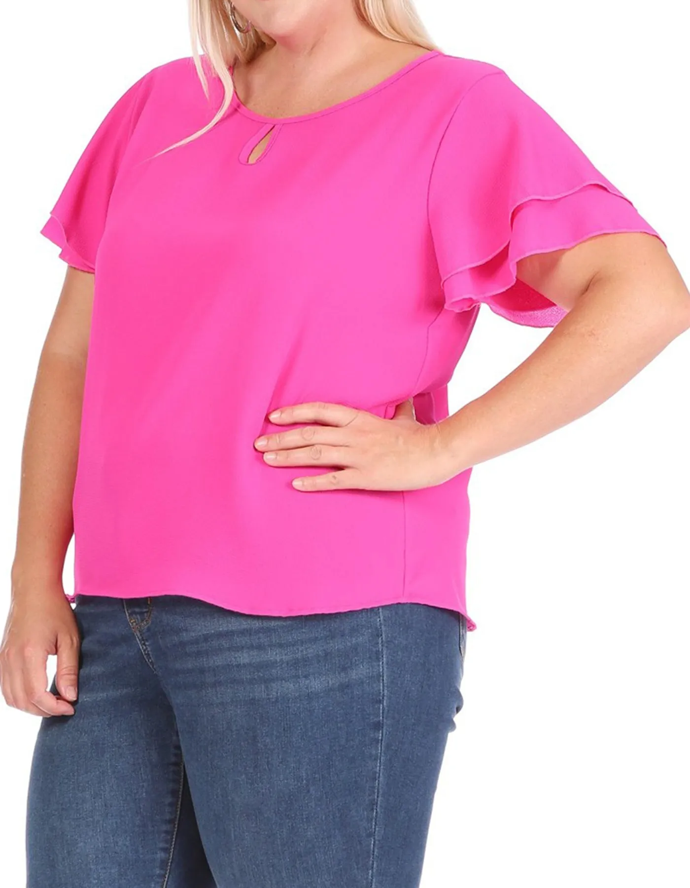 Women's Plus Size Casual Solid Flowy Short Sleeve Round Neck Key Hole Blouse
