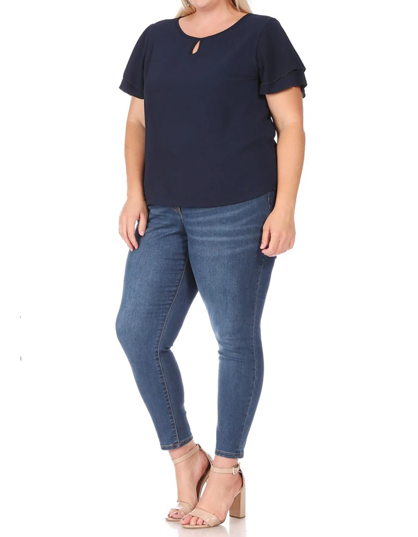 Women's Plus Size Casual Solid Flowy Short Sleeve Round Neck Key Hole Blouse