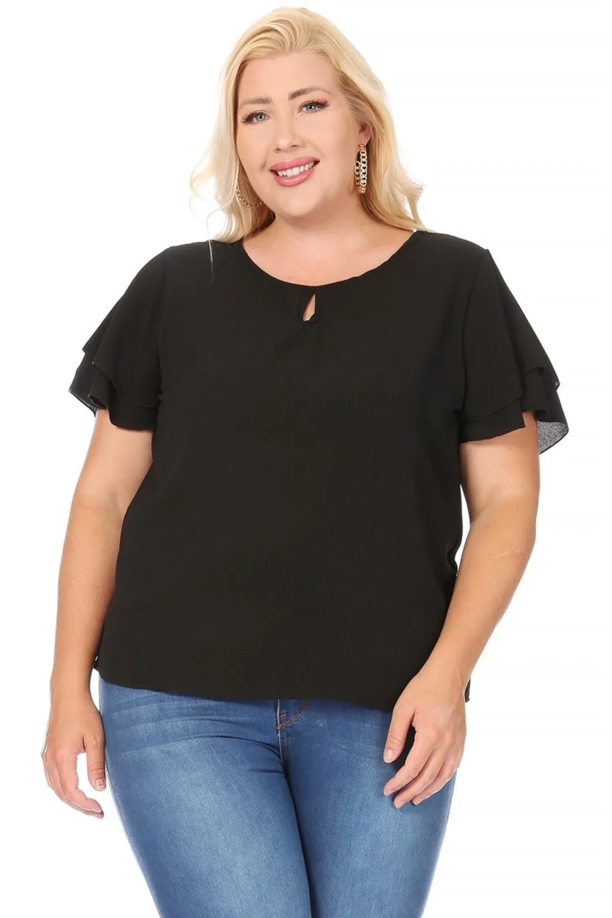 Women's Plus Size Casual Solid Flowy Short Sleeve Round Neck Key Hole Blouse