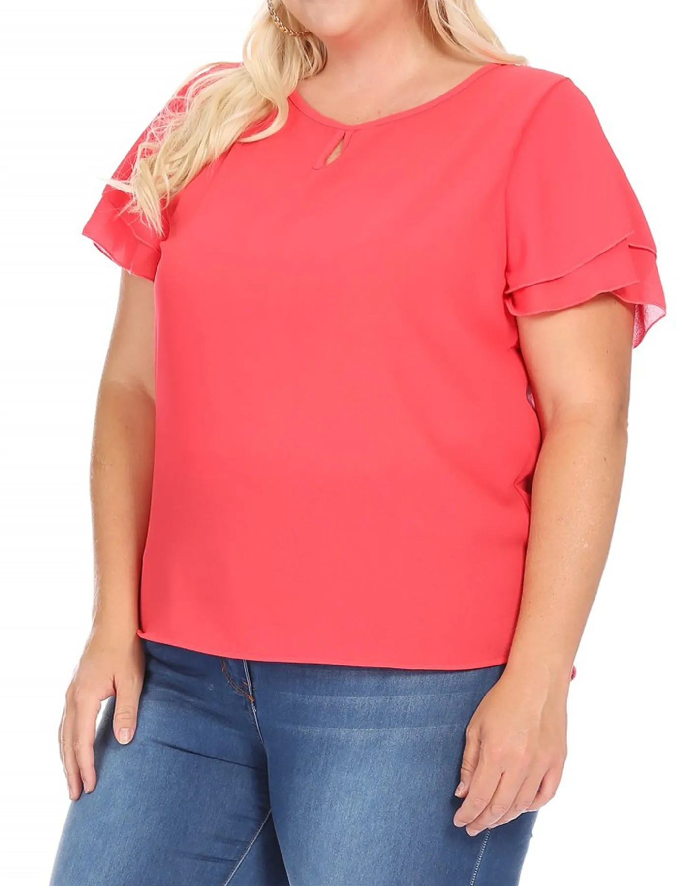 Women's Plus Size Casual Solid Flowy Short Sleeve Round Neck Key Hole Blouse