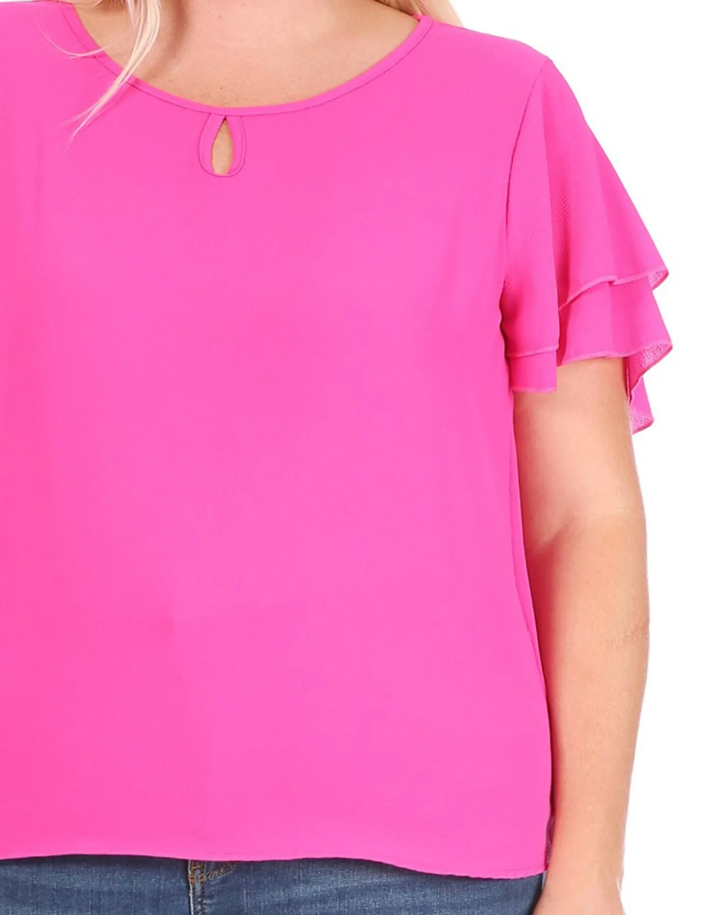 Women's Plus Size Casual Solid Flowy Short Sleeve Round Neck Key Hole Blouse