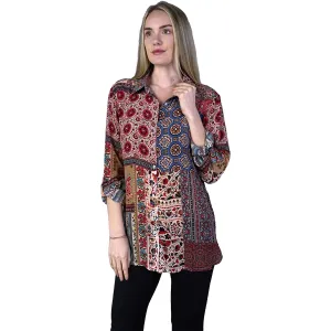 Women's Shana Apparel Silk Viscose Button Down Blouse Wine Multi