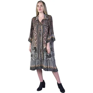 Women's Shana Apparel Silk Viscose L/S Button Down Dress Brown Multi