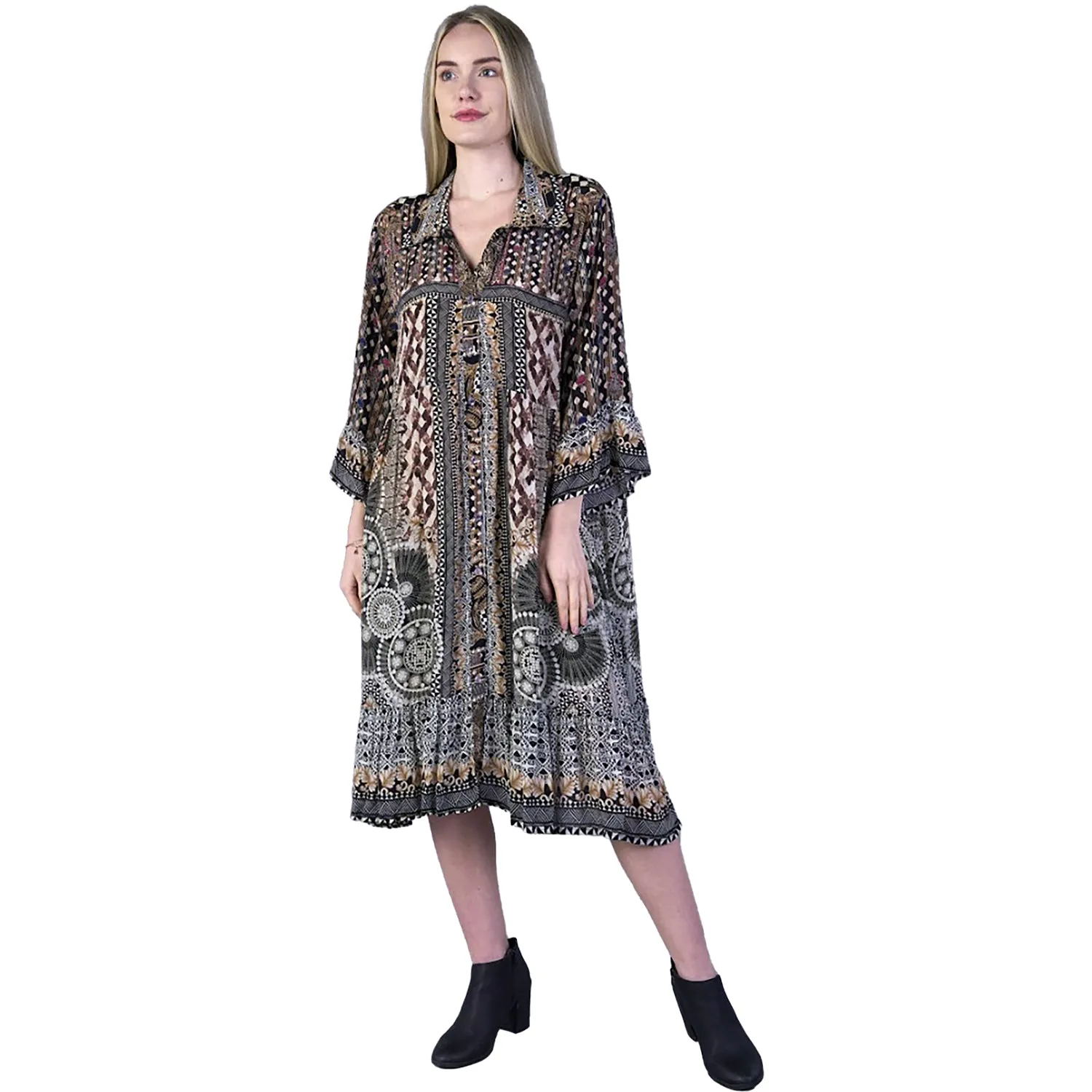 Women's Shana Apparel Silk Viscose L/S Button Down Dress Brown Multi