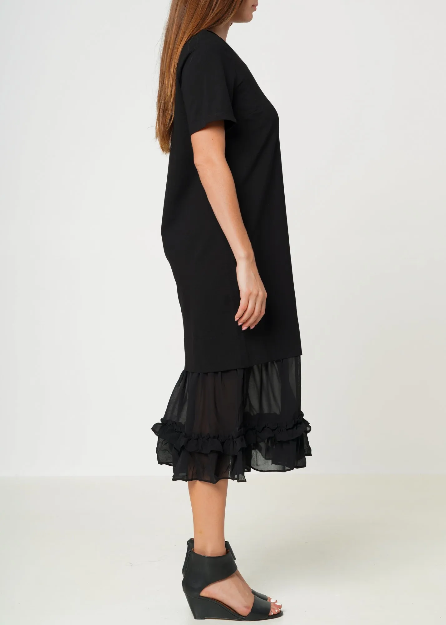 Women's Sheer Contrast Ruffle Hem Midi Dress In Black
