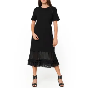 Women's Sheer Contrast Ruffle Hem Midi Dress In Black