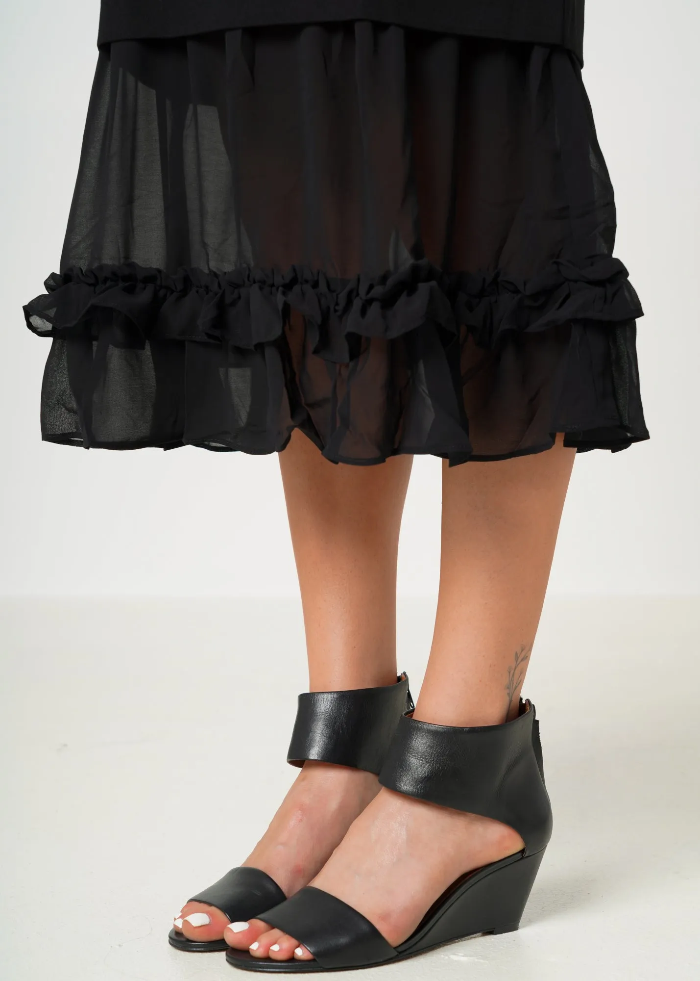 Women's Sheer Contrast Ruffle Hem Midi Dress In Black