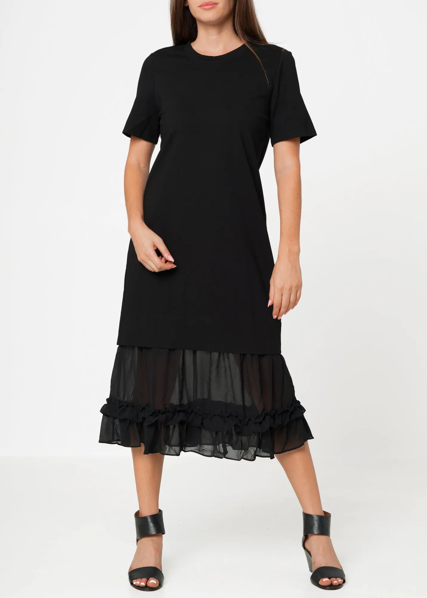 Women's Sheer Contrast Ruffle Hem Midi Dress In Black