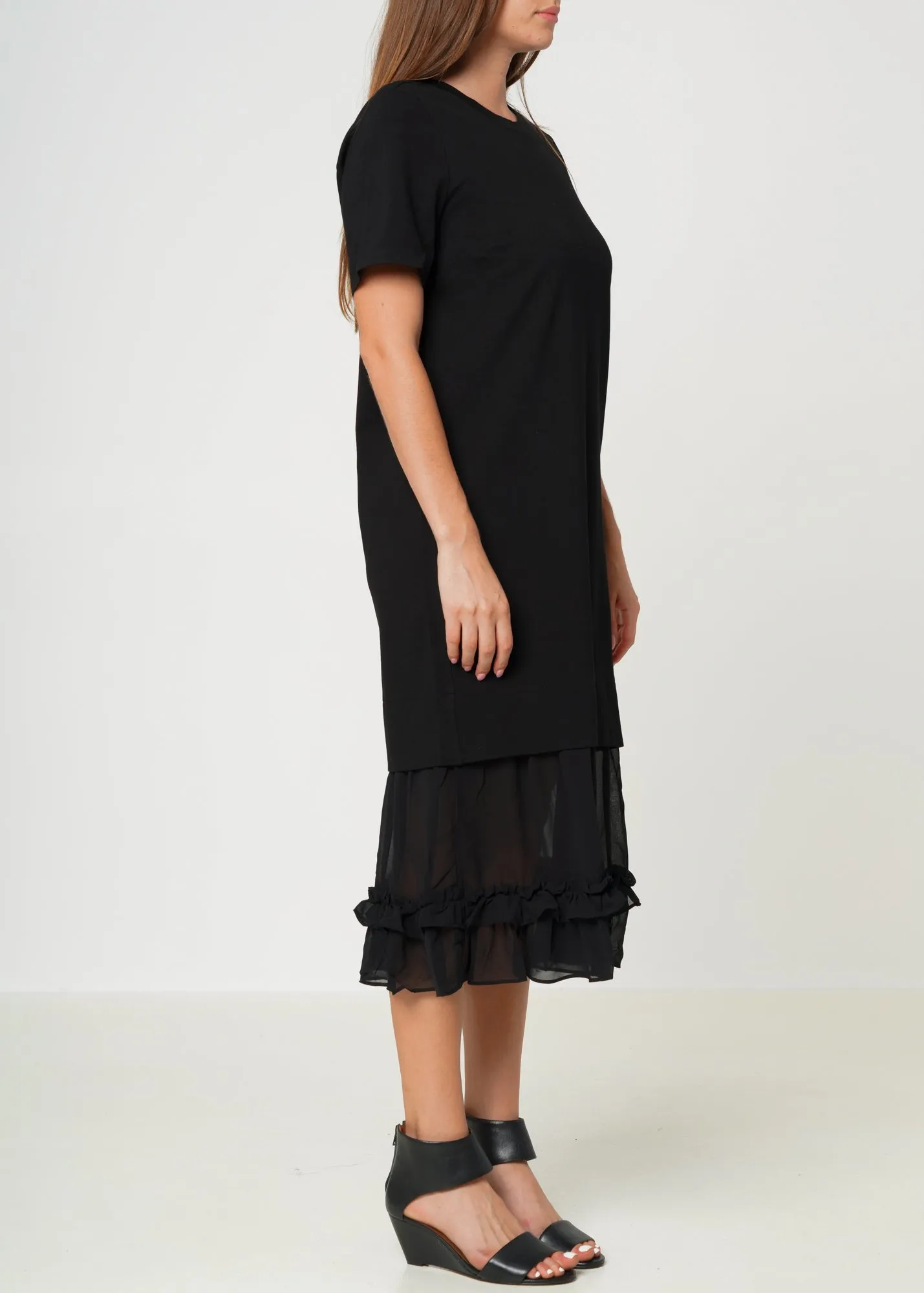 Women's Sheer Contrast Ruffle Hem Midi Dress In Black