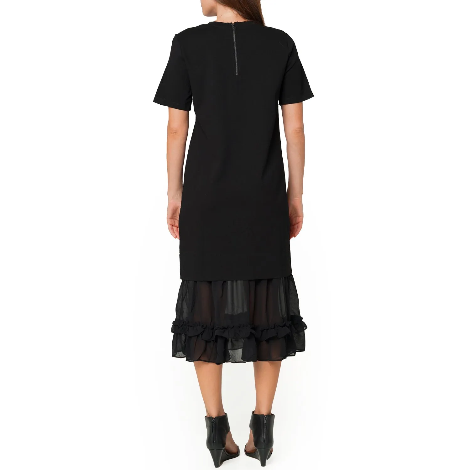 Women's Sheer Contrast Ruffle Hem Midi Dress In Black