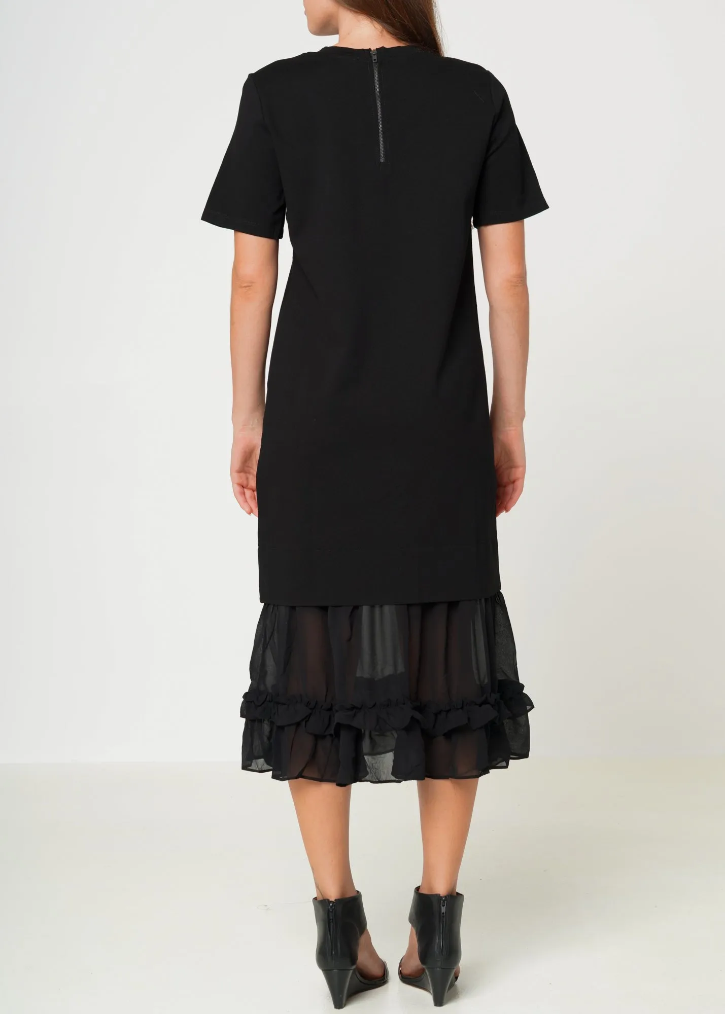 Women's Sheer Contrast Ruffle Hem Midi Dress In Black