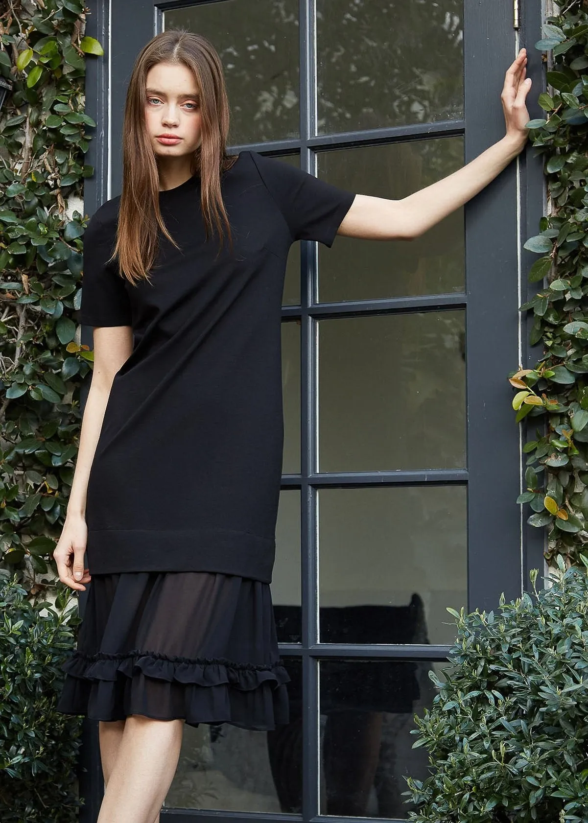 Women's Sheer Contrast Ruffle Hem Midi Dress In Black
