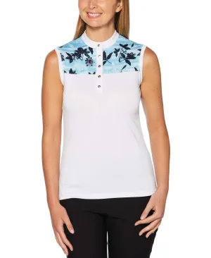 Womens Sleeveless Block Floral Print Polo