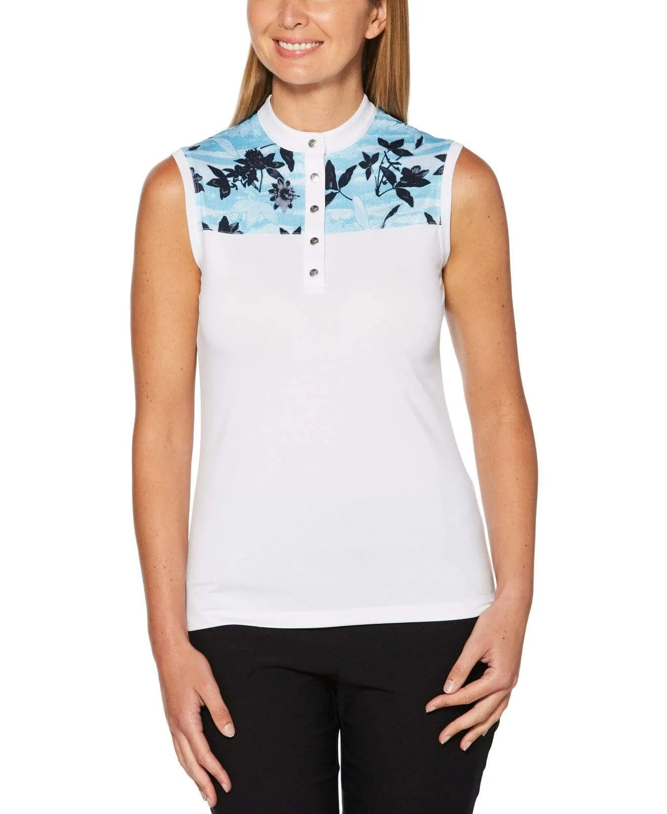 Womens Sleeveless Block Floral Print Polo