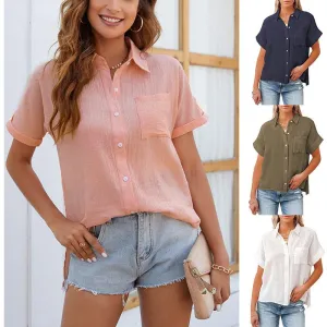 Women's Summer New Cotton Linen Short Sleeve Casual Shirts