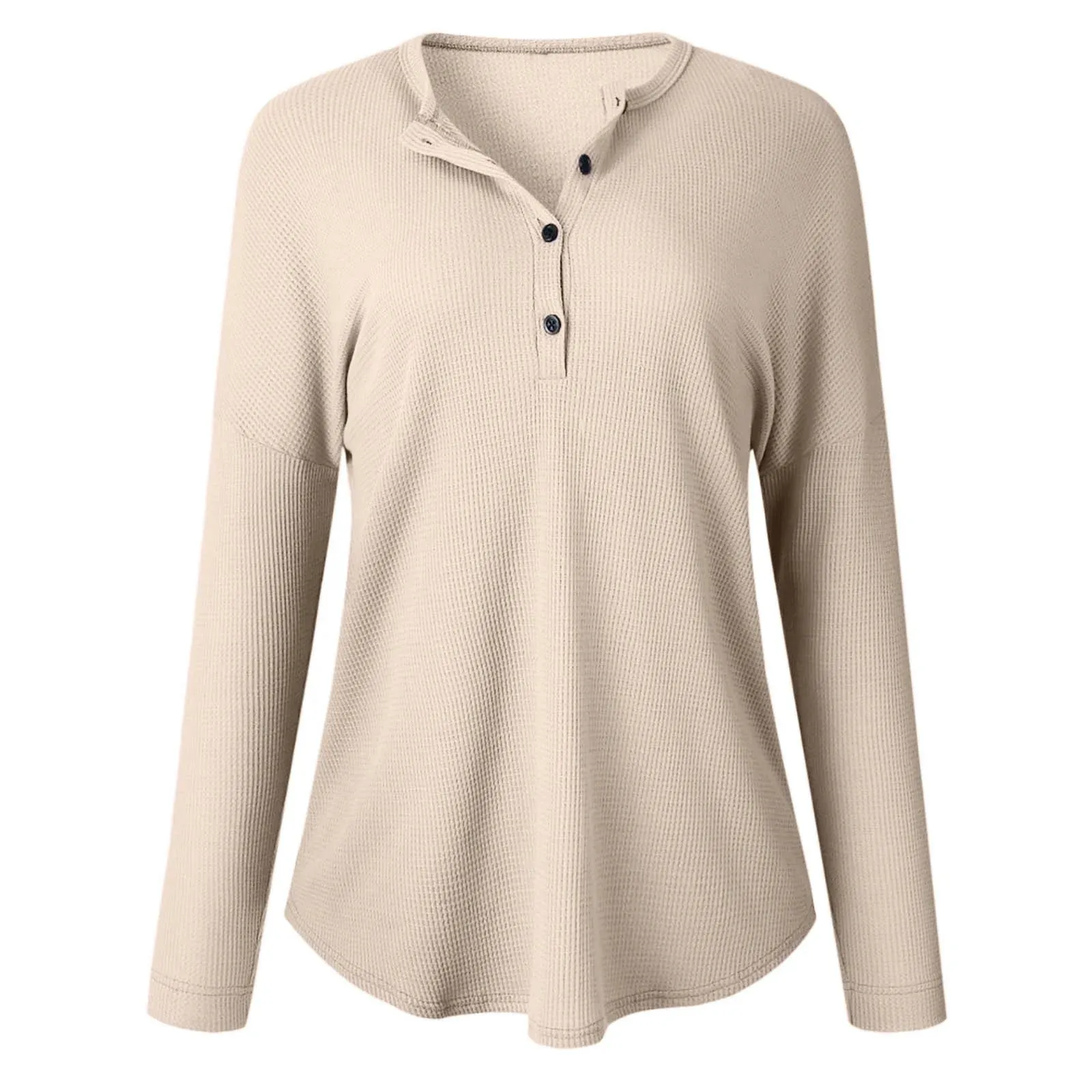Womens Waffle Knit Tunic Top Long Sleeve V Neck Button up Casual Tops Ribbed Solid Color Henley T Shirts Blouse