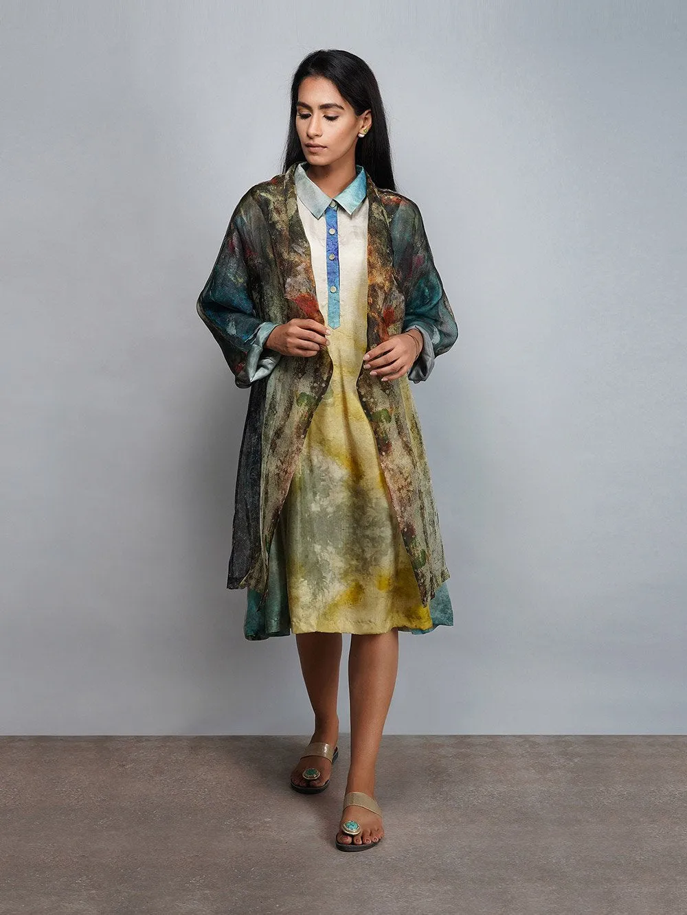 Yavi   I   Silk Printed Dress With Printed Silk Organza Jacket