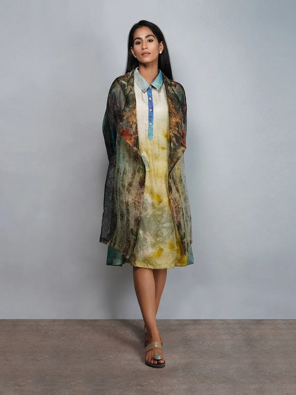 Yavi   I   Silk Printed Dress With Printed Silk Organza Jacket