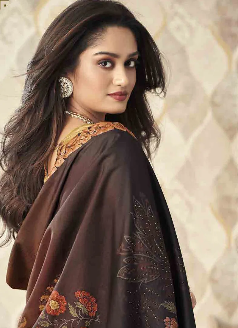 Yellow And Brown Digital Floral Printed Silk Saree
