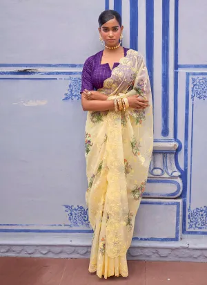 Yellow And Purple Schiffli Embroidery Floral Silk Saree