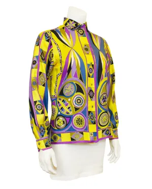 Yellow, Blue and Purple Printed Silk Shirt