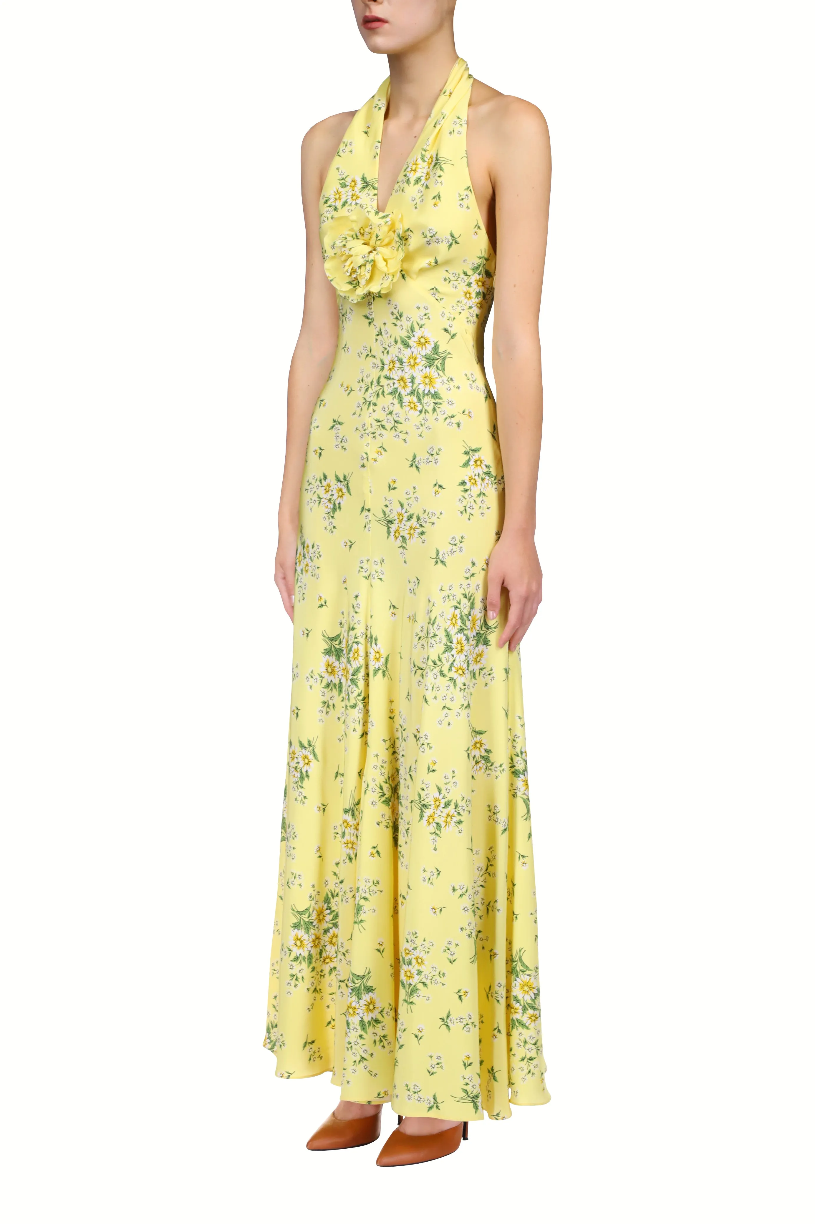 Yellow Daisy Silk Halter Dress With Silk Flower