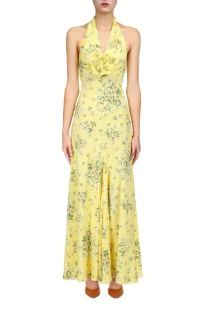 Yellow Daisy Silk Halter Dress With Silk Flower